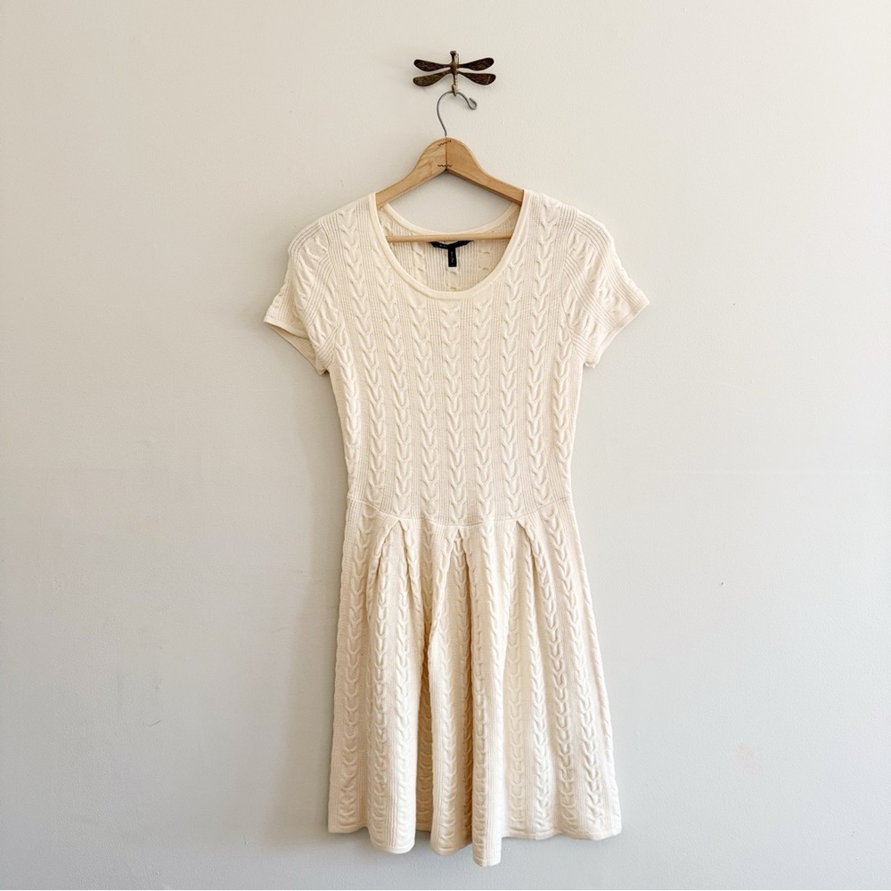 BcbgMaxazria Wool Cream Cable-knit Short Sleeve Pleated Shin Length Dress Medium
